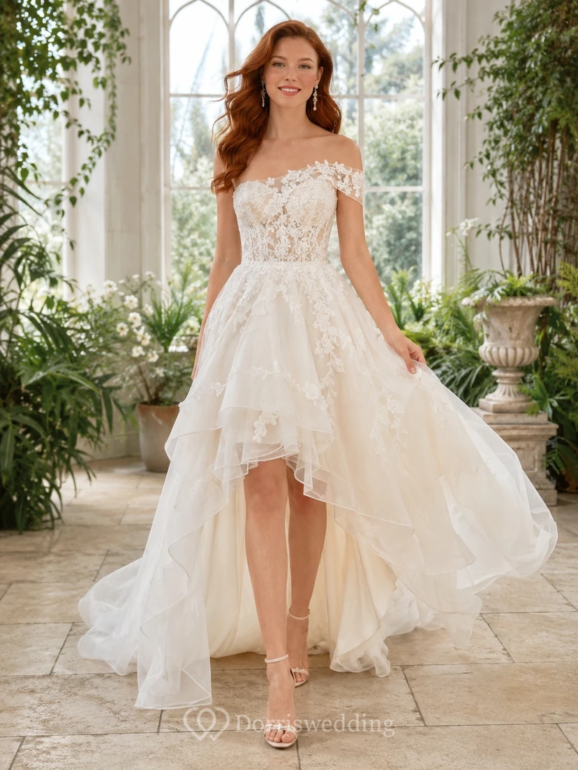 Romantic Lace Off Shoulder Tulle High-Low A-Line Bridal Dress
