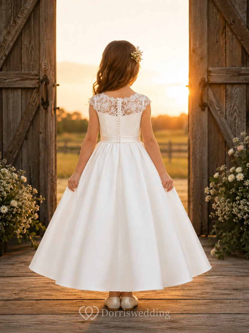 Flower Girl Dress Ivory Satin A-Line Short Sleeve Square Neck Tea Length Bow Detail view 2