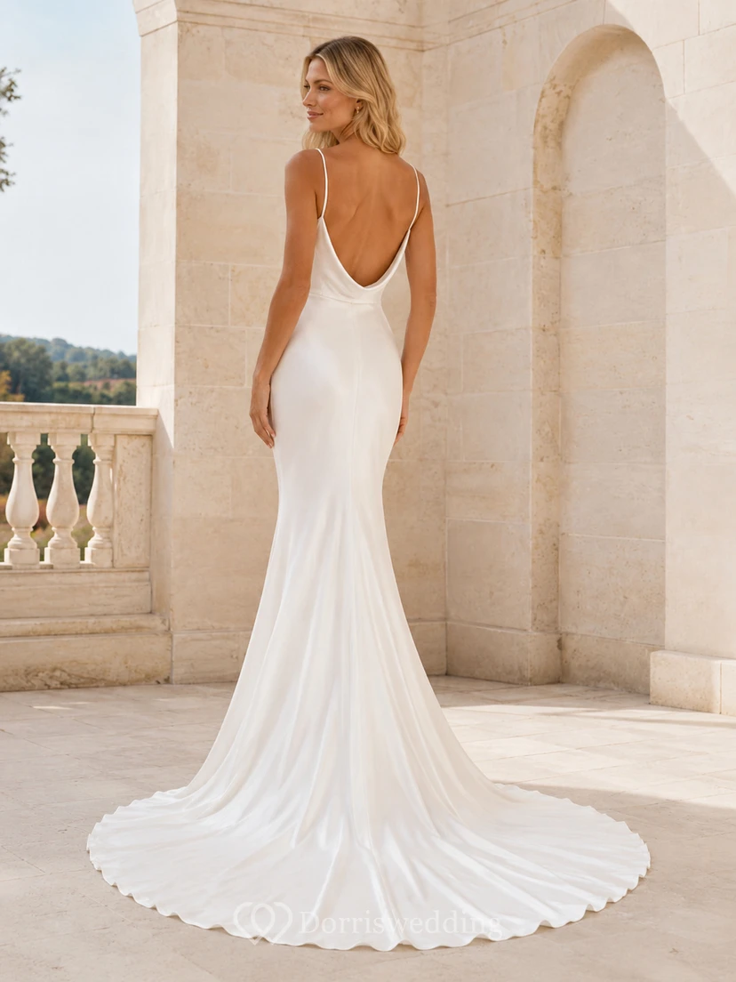 Robe de mariée sirène en satin à col bénitier et fines bretelles spaghetti, décolleté en V plongeant view 2