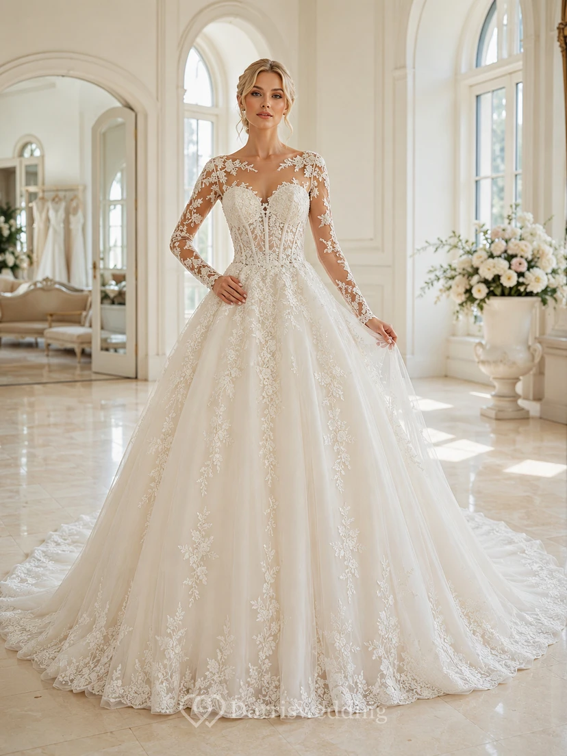 Robe de bal en dentelle illusion, col montant, manches longues, traîne cathédrale, applications florales, robe de mariée champêtre