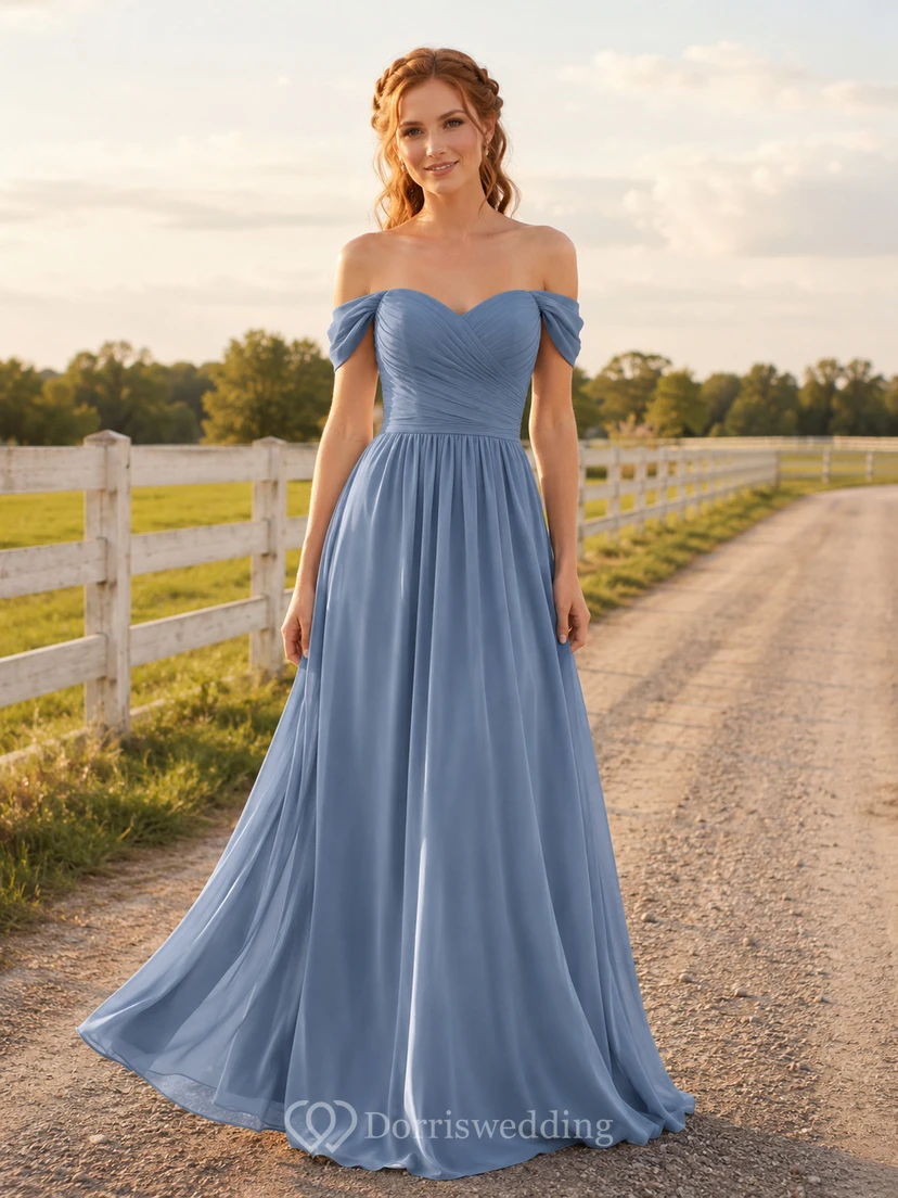 Stahlblaues Chiffon-Brautjungfernkleid in A-Linie, schulterfrei, herzförmiger Ausschnitt, kurze Ärmel, Falten, Reißverschluss hinten, bodenlang