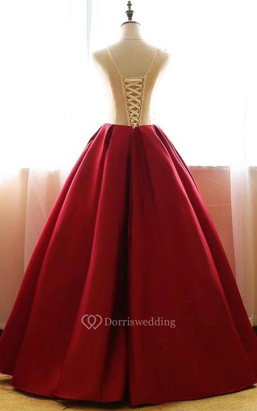 Ball Gown Long Scoop Sleeveless Bell Embroidery Lace-Up Back Lace Satin Dress view 2