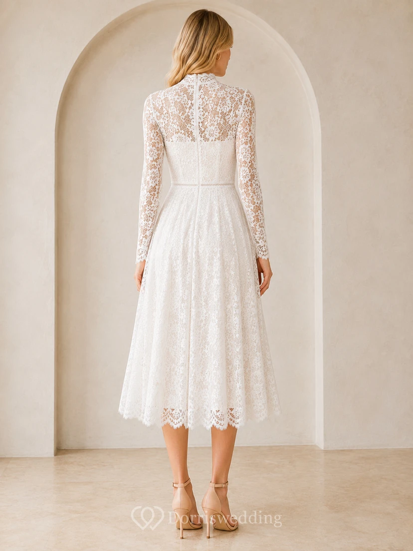 Modest White Tea-Length High Neck Long Sleeve Lace Guest Dress view 2