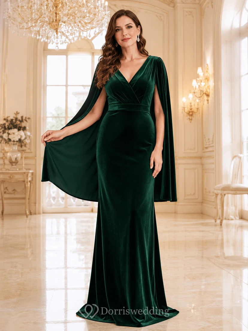 Emerald Velvet V Neck Cape Sleeve Sheath Evening Gown