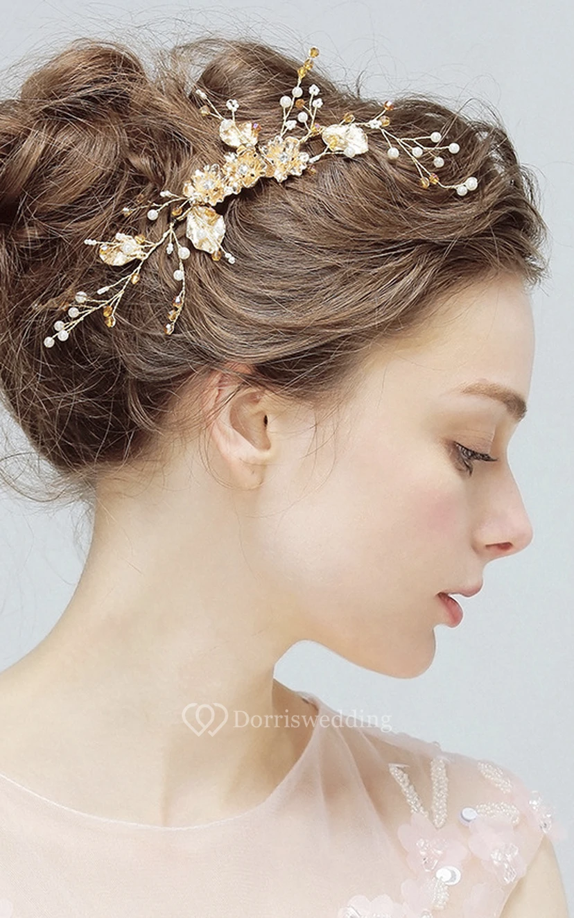 Aesthetic Delicate Gold Flower Rhinestone Crystal Pearl Manual Hair Comb view 4