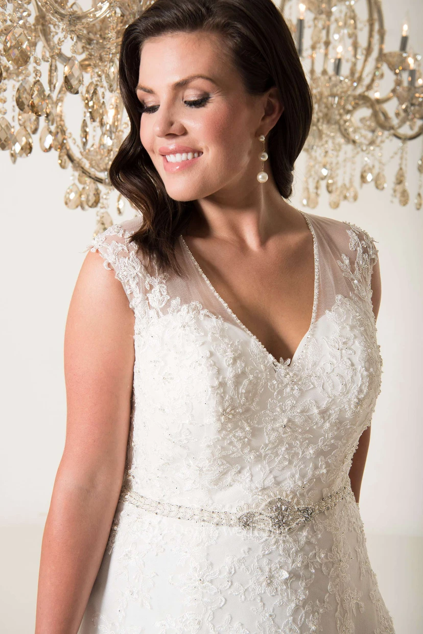A-Line Floor-Length V-Neck Sleeveless Tulle Court Train Illusion Appliques Dress view 3