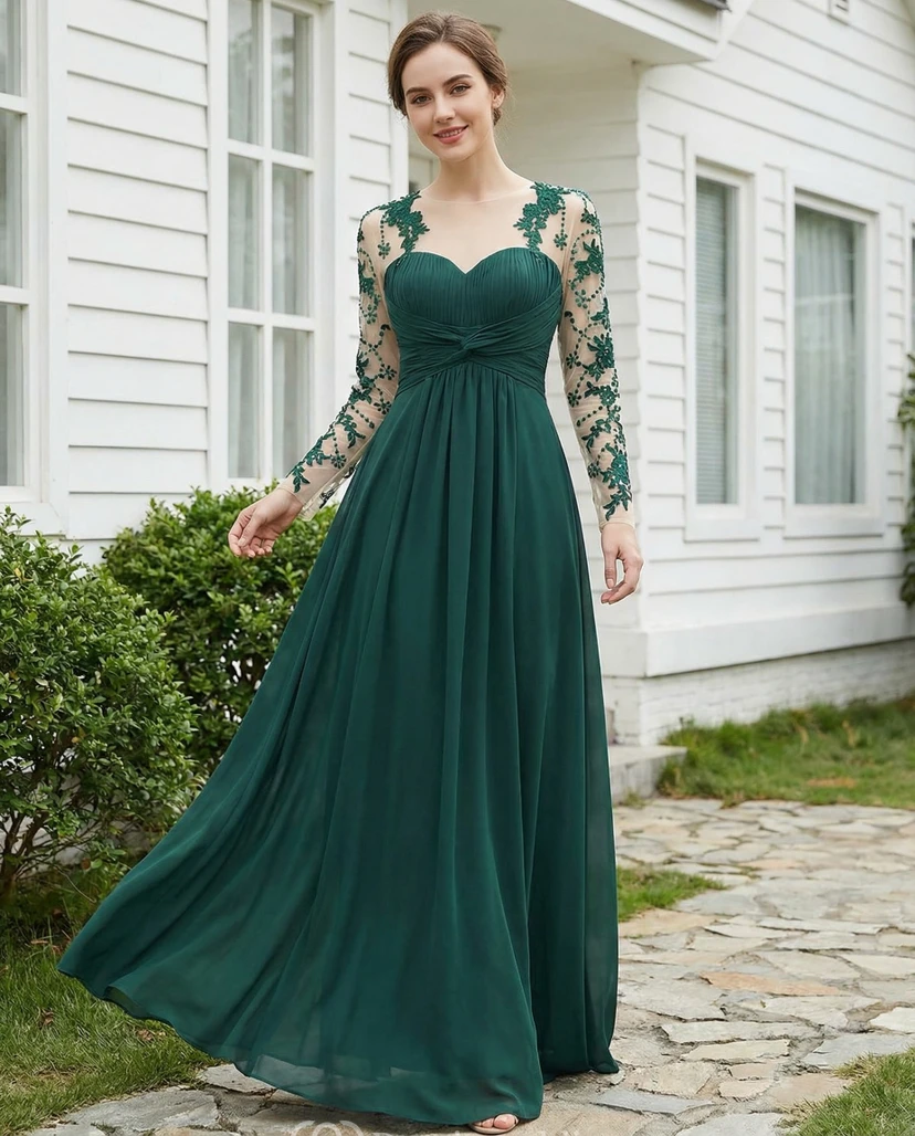 Vestido largo de gasa con apliques y mangas largas en verde oscuro