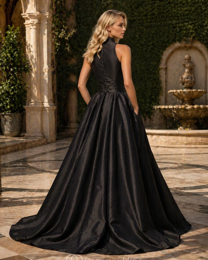 Vestido de gala formal sencillo sin mangas de satén con cola y fruncido. view 2