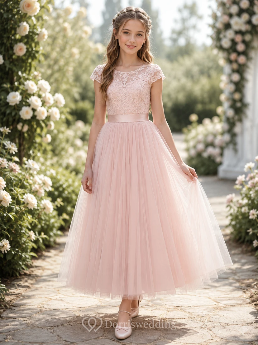 Flower Girl Dress Blush Lace Tulle A-Line Jewel Neck Tea Length