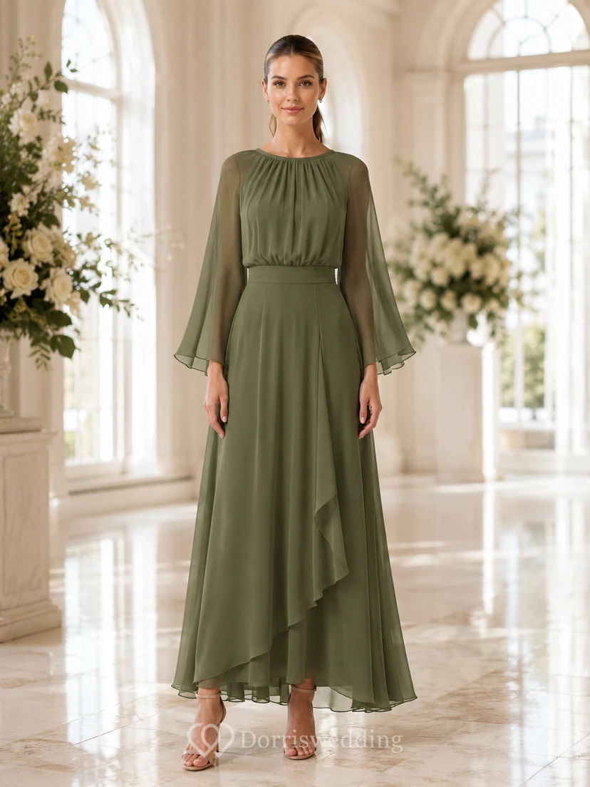 celadon Jewel Neck Bell Sleeve Asymmetrical Chiffon Guest Dress