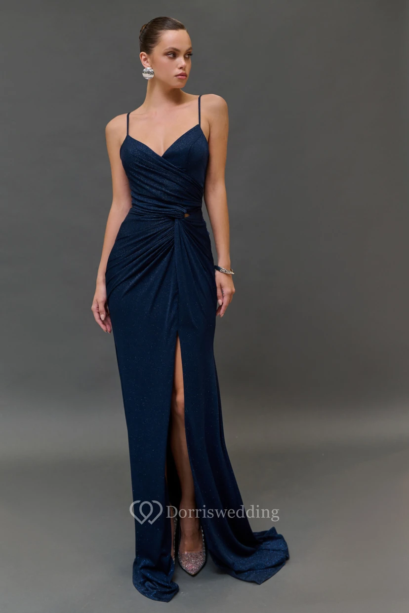 Dark Navy Spaghetti Sheath Ruched Front Split Sexy Dress view 3