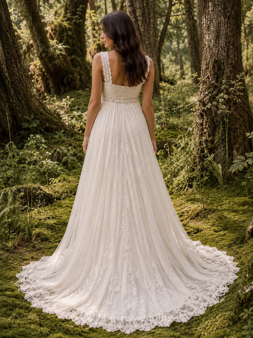 Maternity Wedding Dress Square Neck Lace Strap A-Line Bridal Gown with Soft Sweep Train view 2