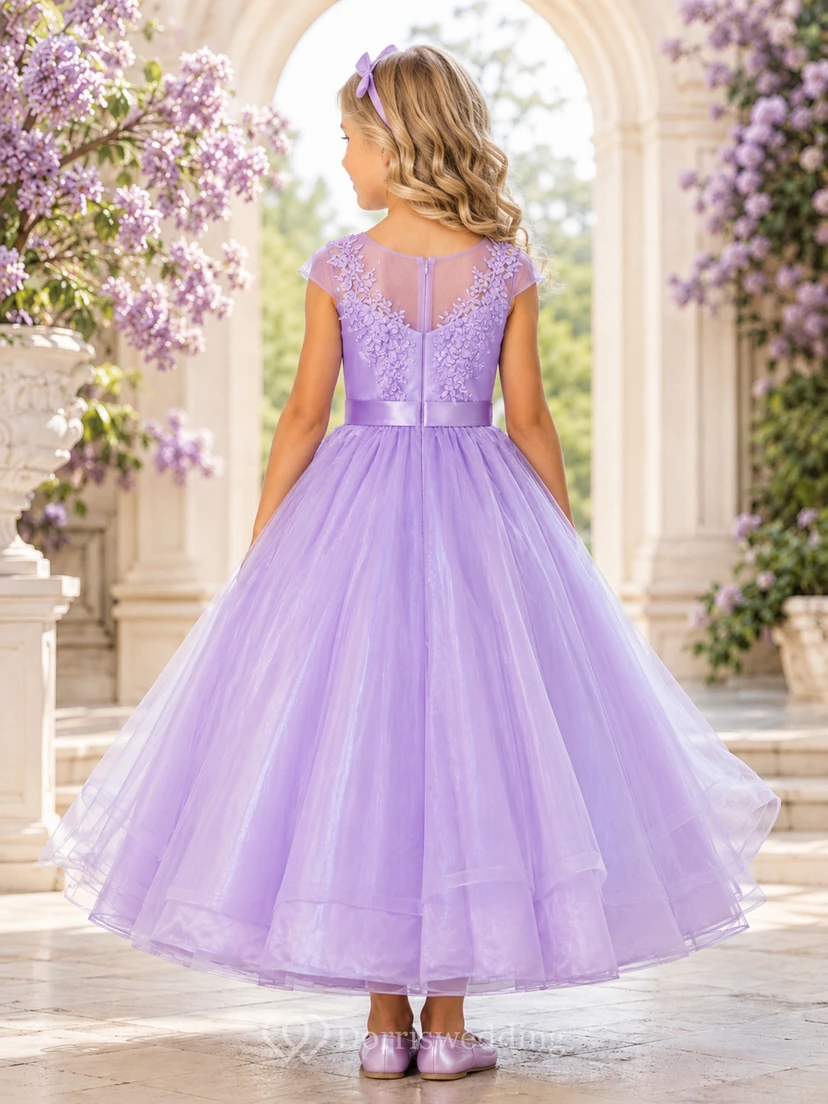 Flower Girl Dress A-Line Lavender Floral Tulle Cap Sleeve Formal Garden view 2