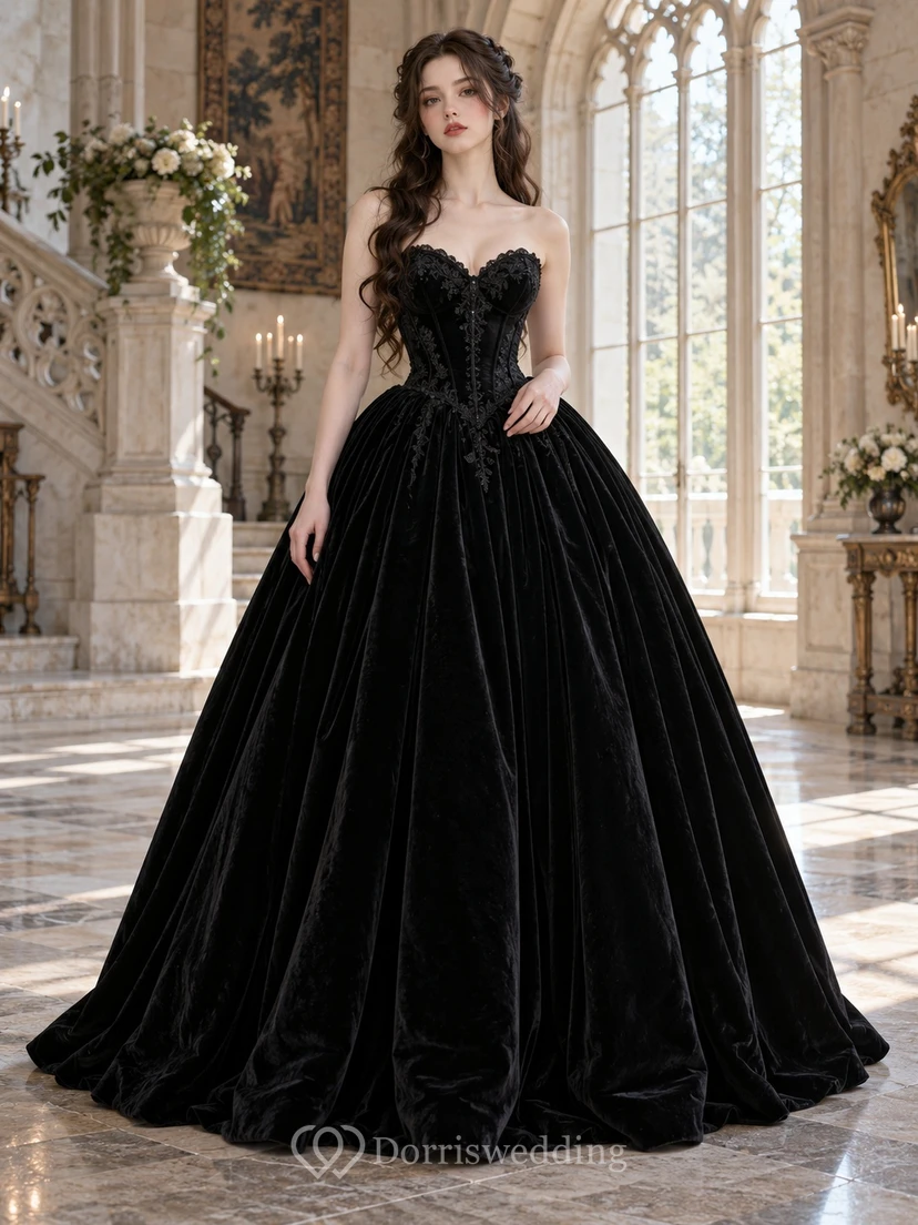 Robe de bal gothique noire bustier en velours, robe de soirée