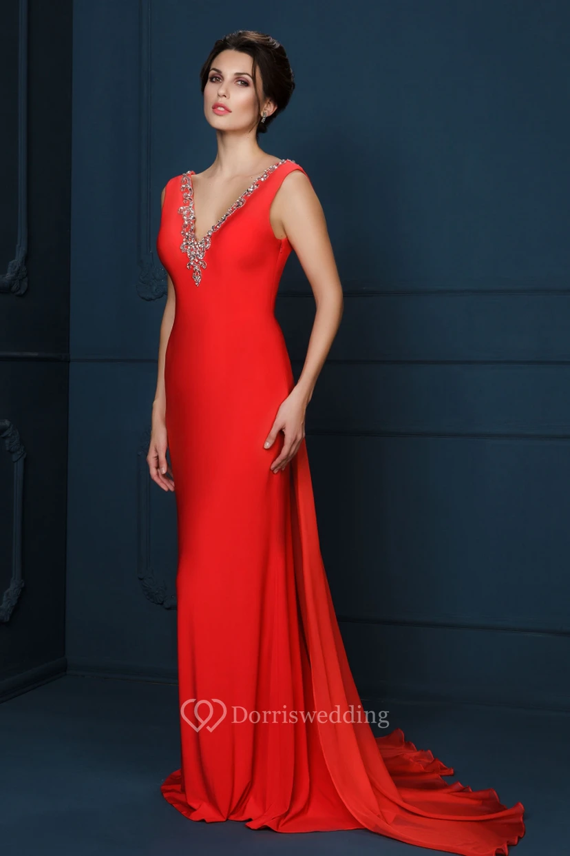 Ärmelloses, figurbetontes Maxi-Abendkleid aus Jersey mit V-Ausschnitt und Perlenbesatz view 3