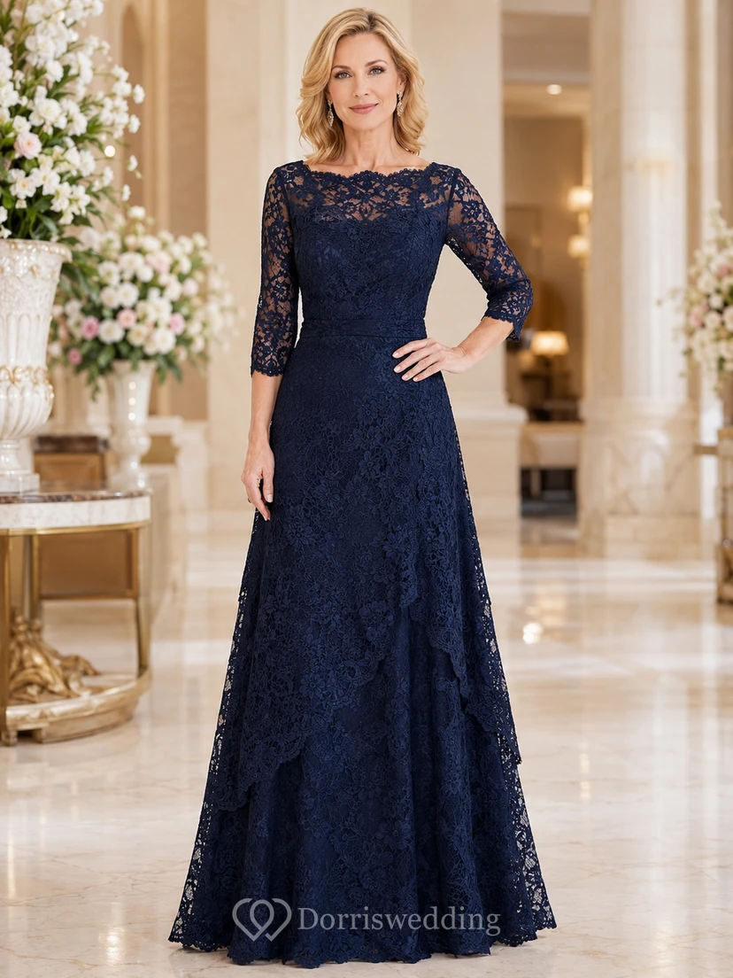 Navy lace illusion long sleeve mermaid mother formal gown