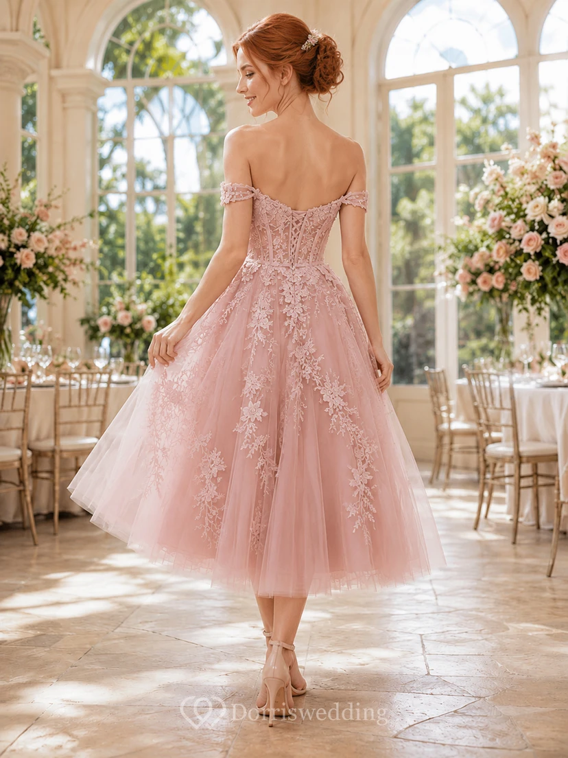 Blush Off Shoulder Floral Lace Tulle Tea Length Wedding Dress view 2