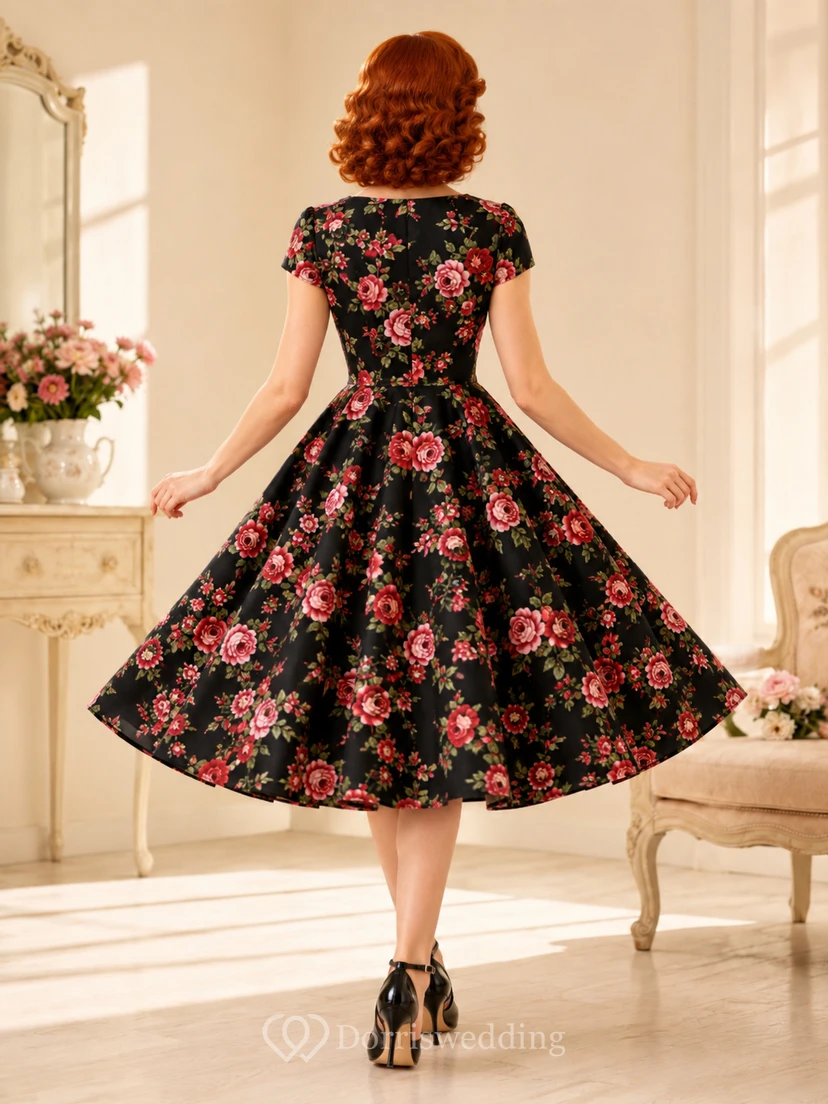 Fifties Black Floral V-Neck Swing Retro Cocktail Occasion Dress view 2