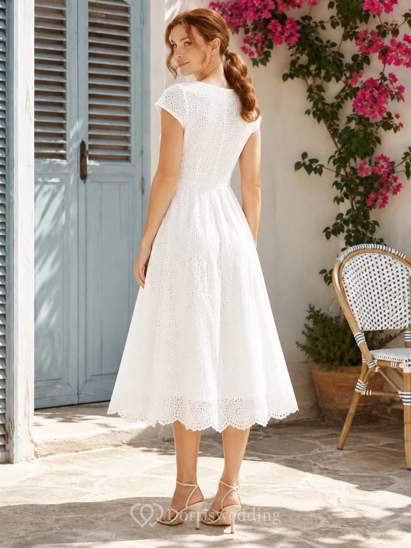Bridal Brunch V Neck Cap Sleeve Eyelet Tea Length A Line Dress view 2