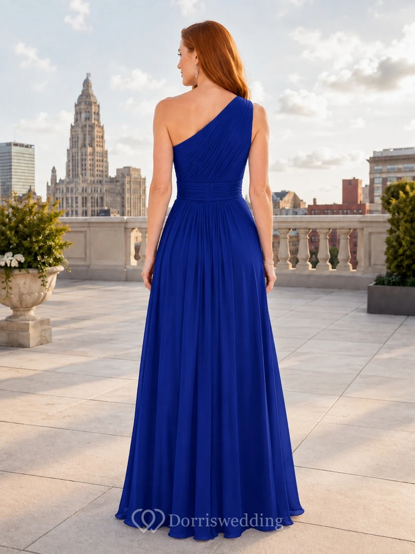 Royal Blue One-Shoulder Sleeveless Satin Formal A-Line Gown view 2