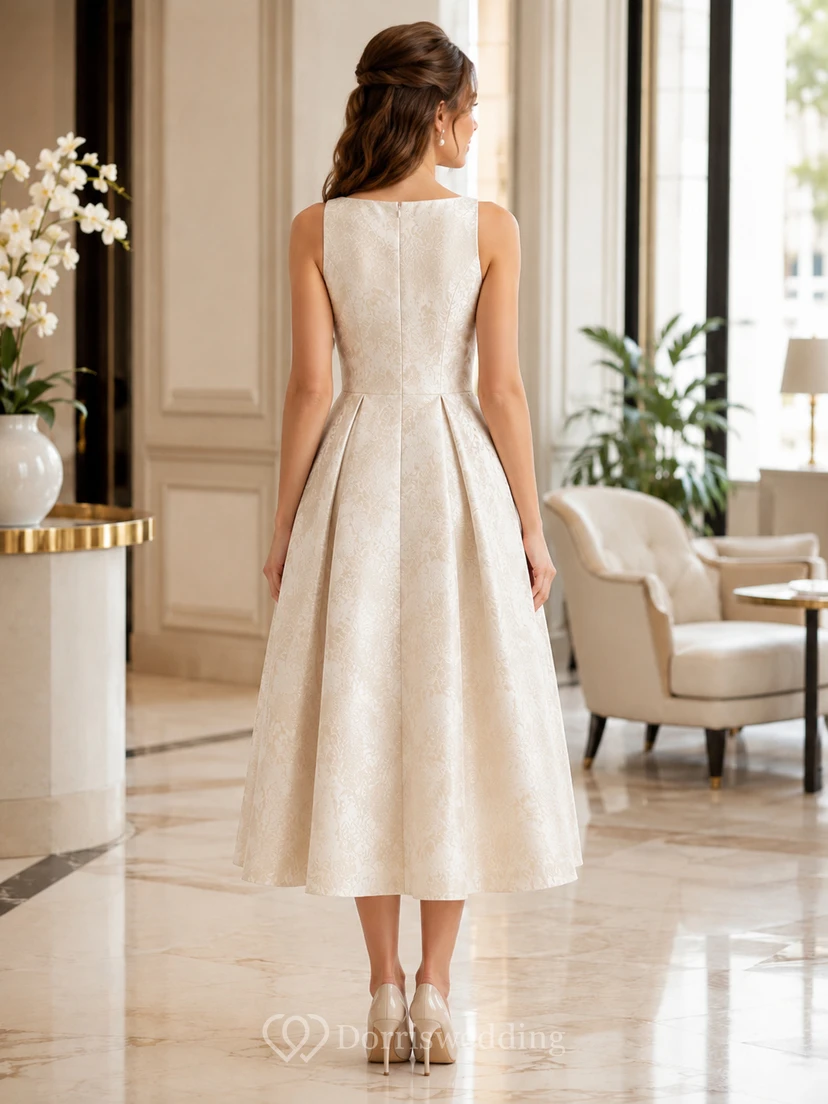 Vintage Civil Jacquard A Line Bateau Sleeveless Tea Length Wedding Dress view 2