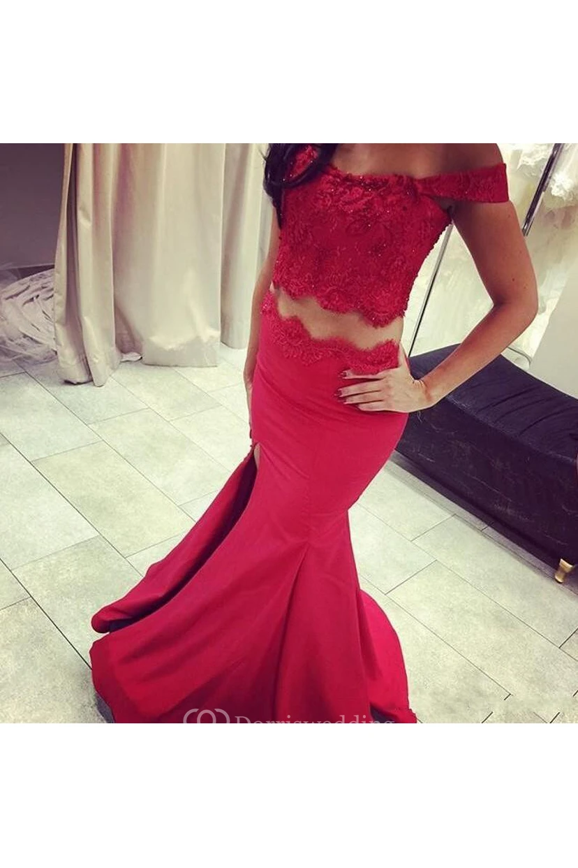 Mermaid Trumpet Satin Lace Off-the-shoulder Short Sleeve Zipper Dress view 2