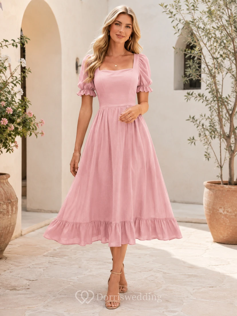 Vestido de fiesta romántico de gasa rosa ruborizada con escote cuadrado, mangas abullonadas, volantes y corte en A, largo hasta la rodilla, ideal para eventos en el jardín.