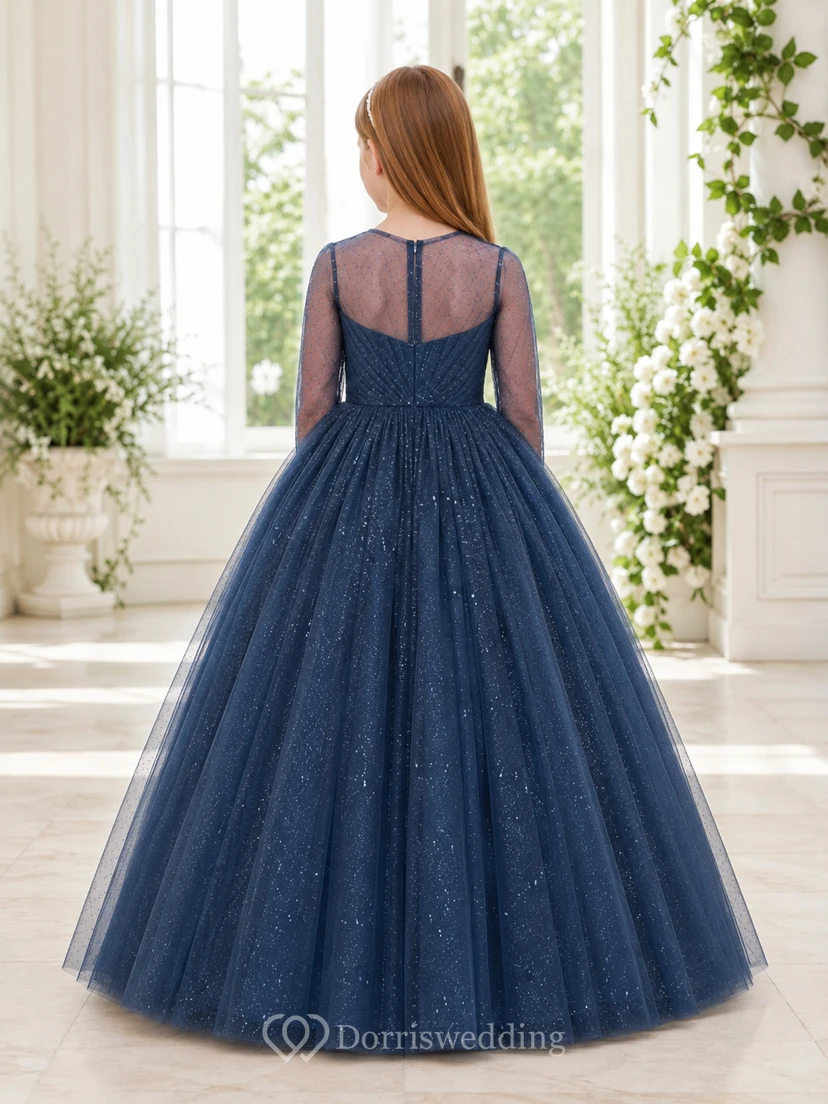 Marineblaues, paillettenbesetztes, bodenlanges Tüll-Ballkleid mit Illusionseffekt und langen Ärmeln – ein formelles Blumenmädchenkleid view 2
