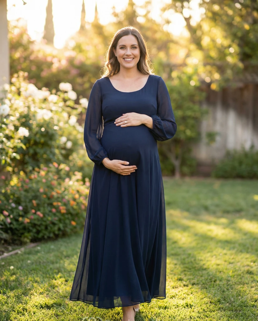 Dark Navy Maternity Formal Dress with Scoop Neck, Long Chiffon Sleeves & Flowing A-Line Skirt