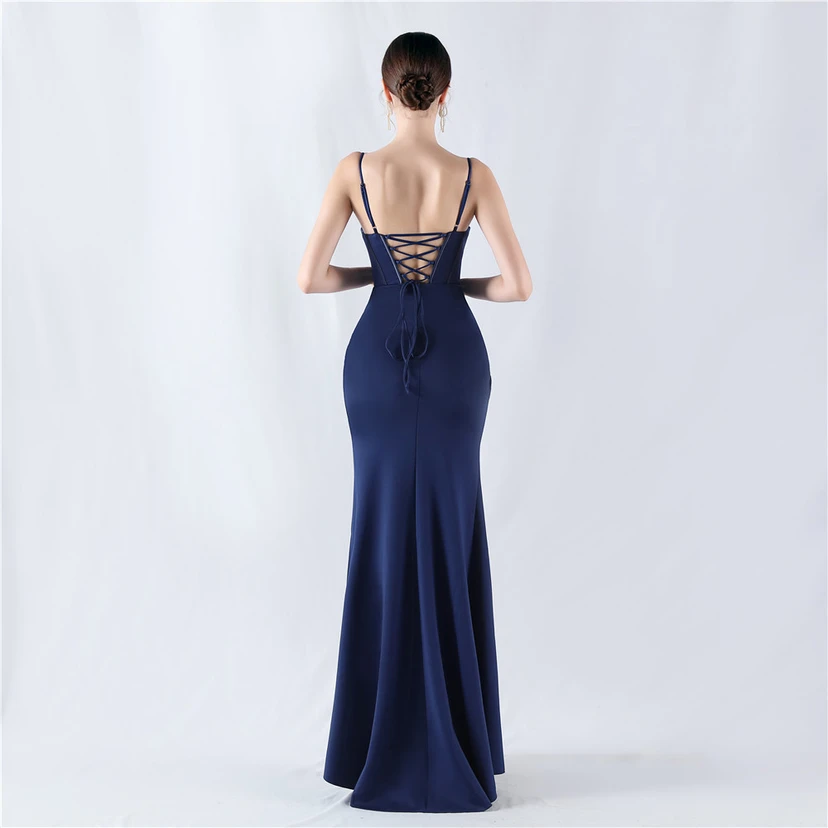 Fishbone Waist Strap Satin Host Meeting Evening Dress view 60