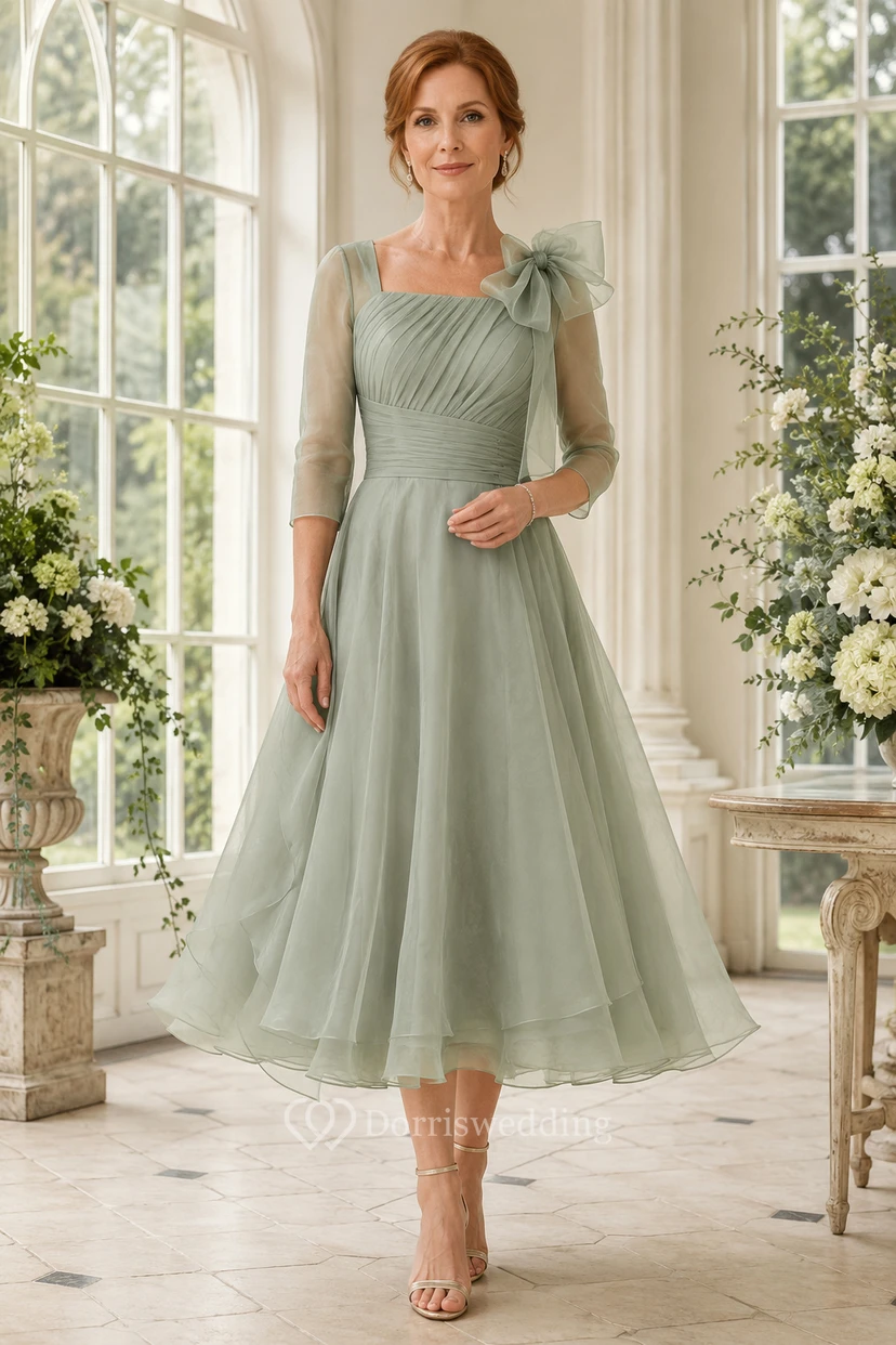 Salbeigrünes, teelanges Tüllkleid für Mütter mit 3/4-Ärmeln