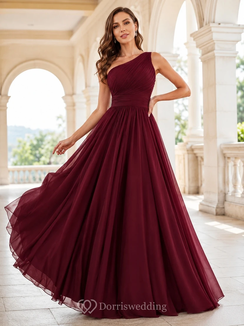 Burgundy One-Shoulder Pleated Chiffon Romantic Ball Gown Floor-Length Elegant Formal Dress
