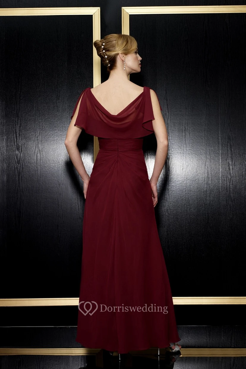 Maxi Cowl Poet-Short-Sleeve Broach Chiffon Formal Dress With Low-V Back view 2