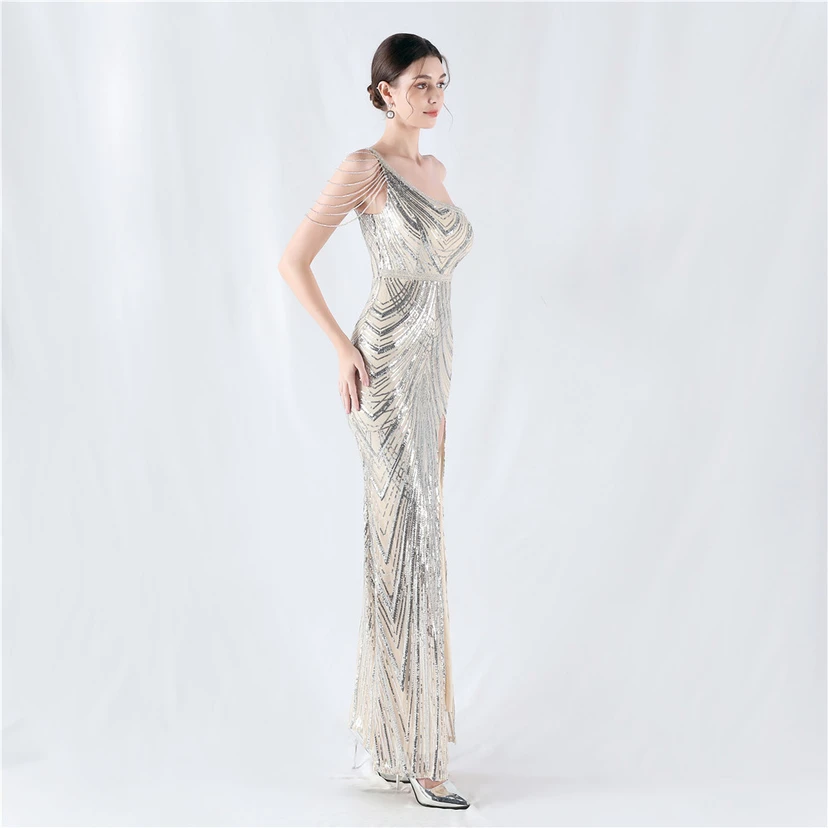 Positioning Flower Beaded Craft Beaded One-Shoulder Oblique Collar High Slit Evening Dress view 66