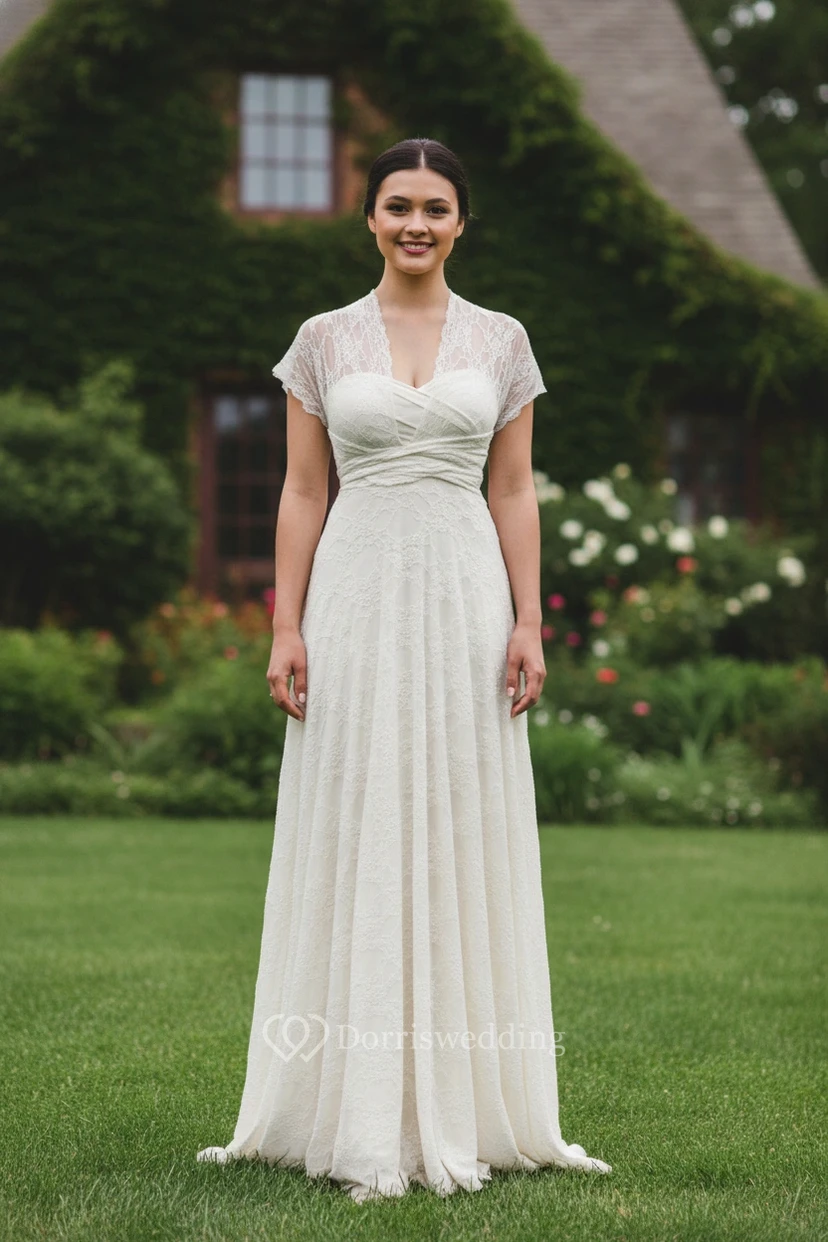 Elegant Lace Cap Sleeve Sheath Wedding Dress with Criss-Cross Bodice view 3