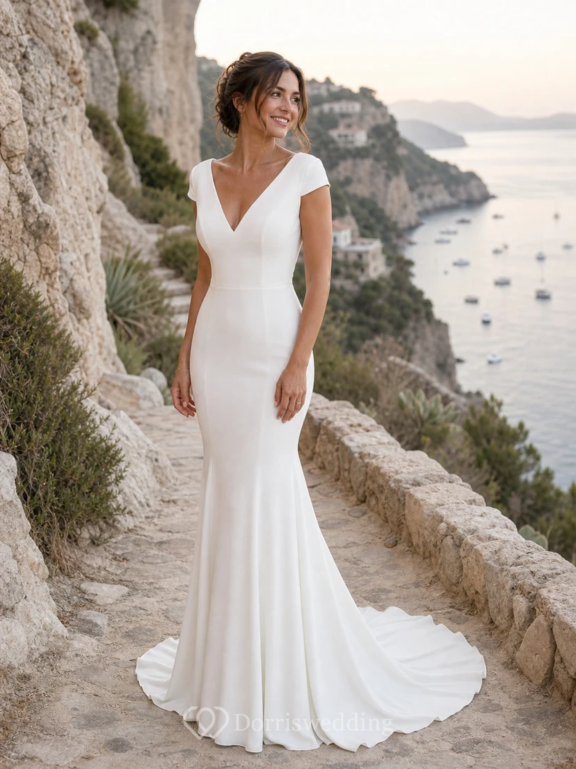 Robe de mariée sirène fourreau unie, col V simple et dos nu en dentelle. video preview