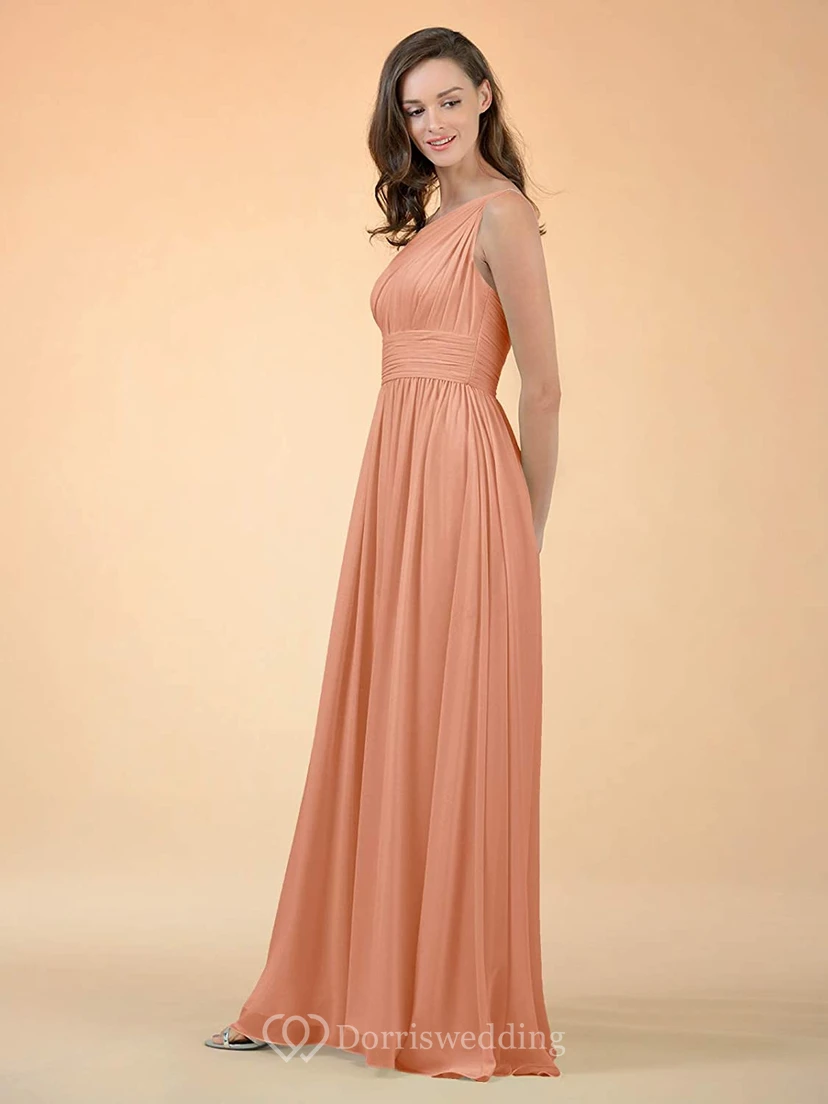 Simple One-shoulder A Line Sleeveless Floor-length Chiffon Bridesmaid Dress With Ruching view 10