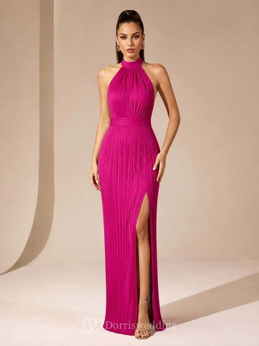 Fuchsia Halter Sleeveless Ruched Split Sheath Evening Dress