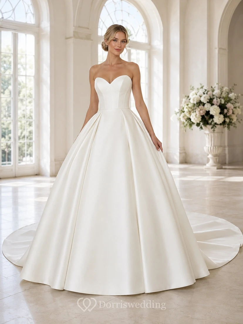 Vestido de novia sencillo, largo hasta el suelo, sin mangas, formal, con escote corazón y corte en A.