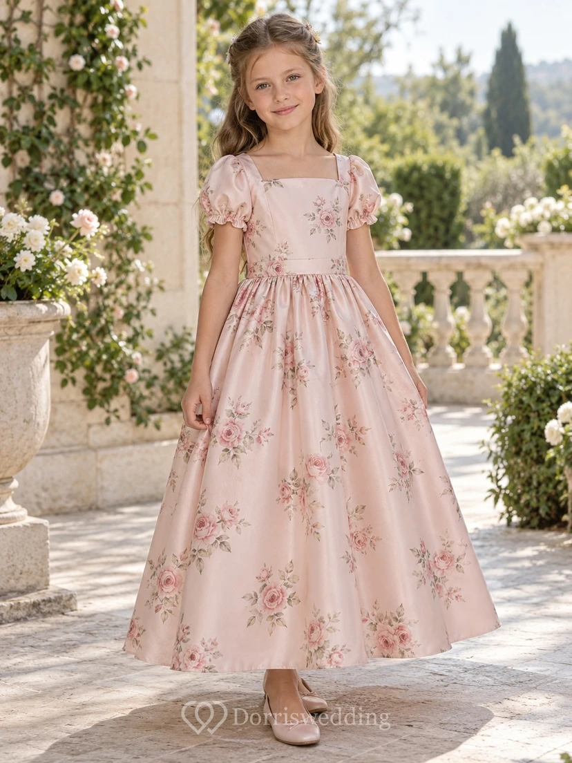 Square Neck Blush Floral Puff Sleeve Gathered Satin A-line Flower Girl Dress