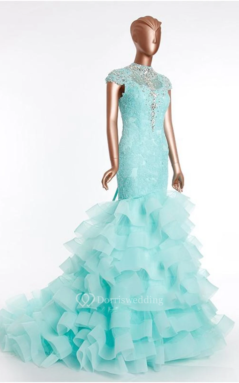 Sheath Long High Neck Bell Cap Beading Embroidery Ruffles Court Train Lace-Up Back Tulle Lace Dress view 3