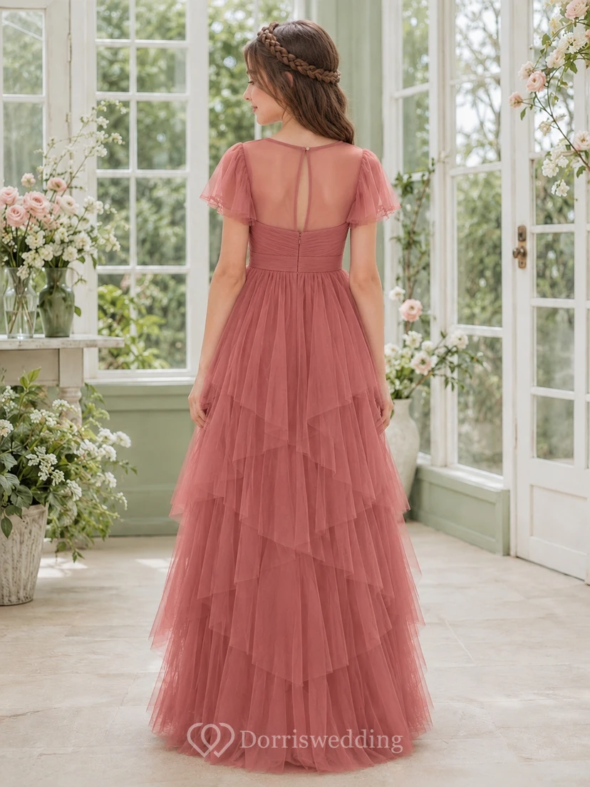 Elegantes braunes Tüllkleid mit Glockenärmeln, herzförmigem Ausschnitt und A-Linien-Schnitt, bodenlang, für junge Brautjungfern view 2