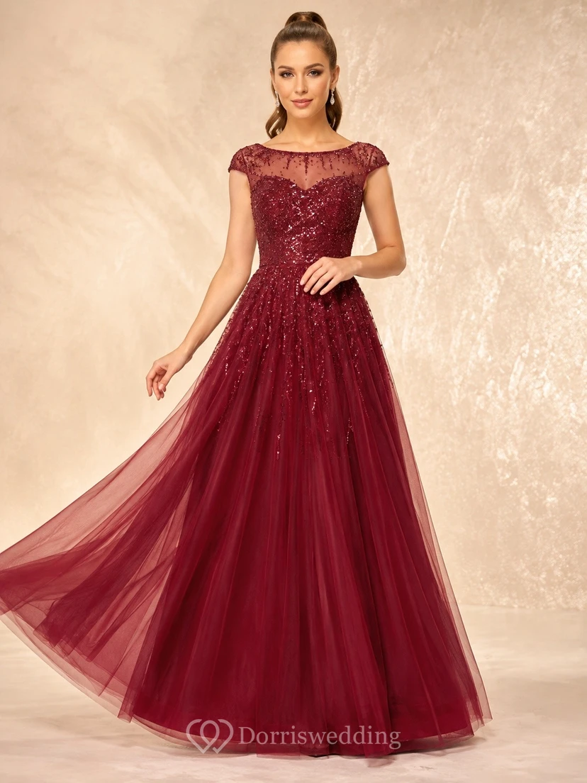 Burgundy Lace Tulle Square Neck Short Sleeve Ball Gown Formal Dress
