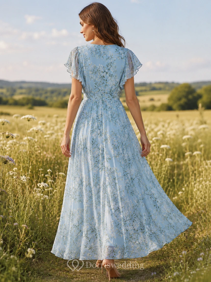 Blue Vine Print V-Neck Flutter Sleeve Maxi Dress view 2