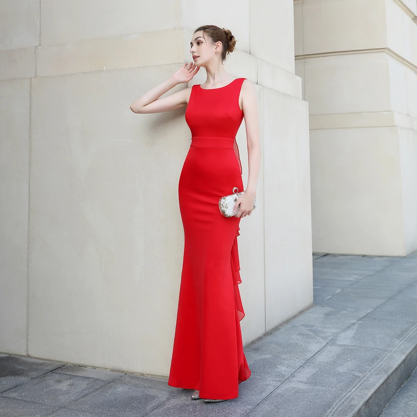Abendkleid für die Braut, lang, ärmellos, rot, mit schmalem Meerjungfrauenschnitt, geeignet für Dankesbankette, Hochzeitsfeiern, Auto-Modelltreffen und Ausstellungen view 29