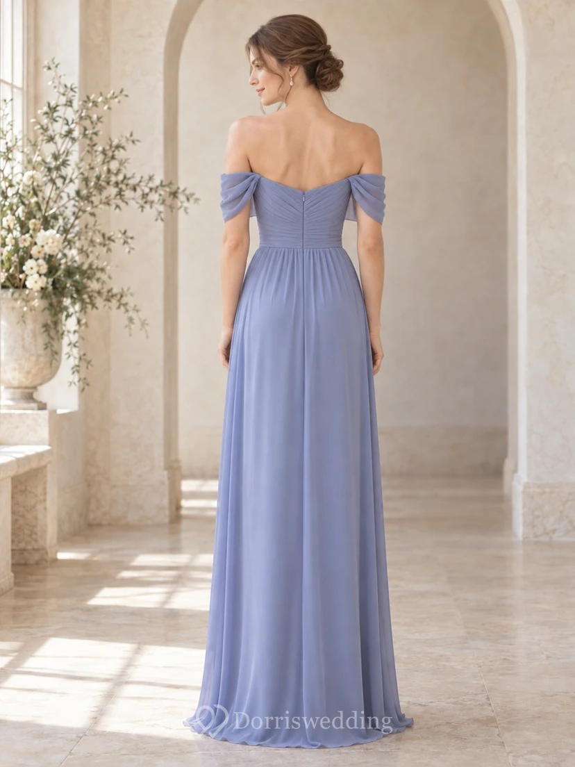 Romantisches periwinkelfarbenes Chiffon-Brautjungfernkleid mit schulterfreiem Ausschnitt und bodenlangem Oberteil view 2