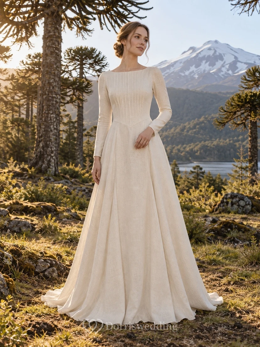 Vestido de novia sencillo y modesto de manga larga en mezcla de lino con escote barco y cintura puntiaguda.