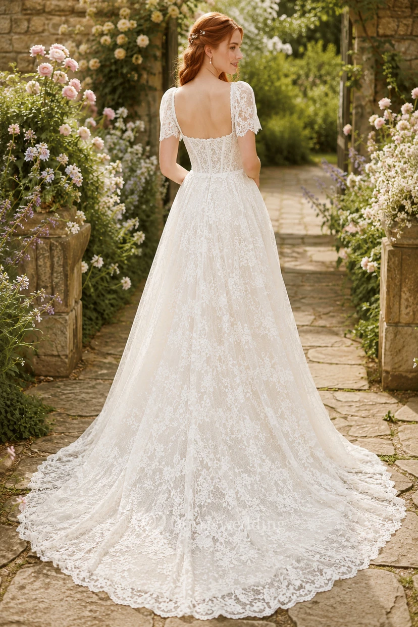 Vestido de novia romántico de encaje con corte en A y mangas abullonadas. view 2