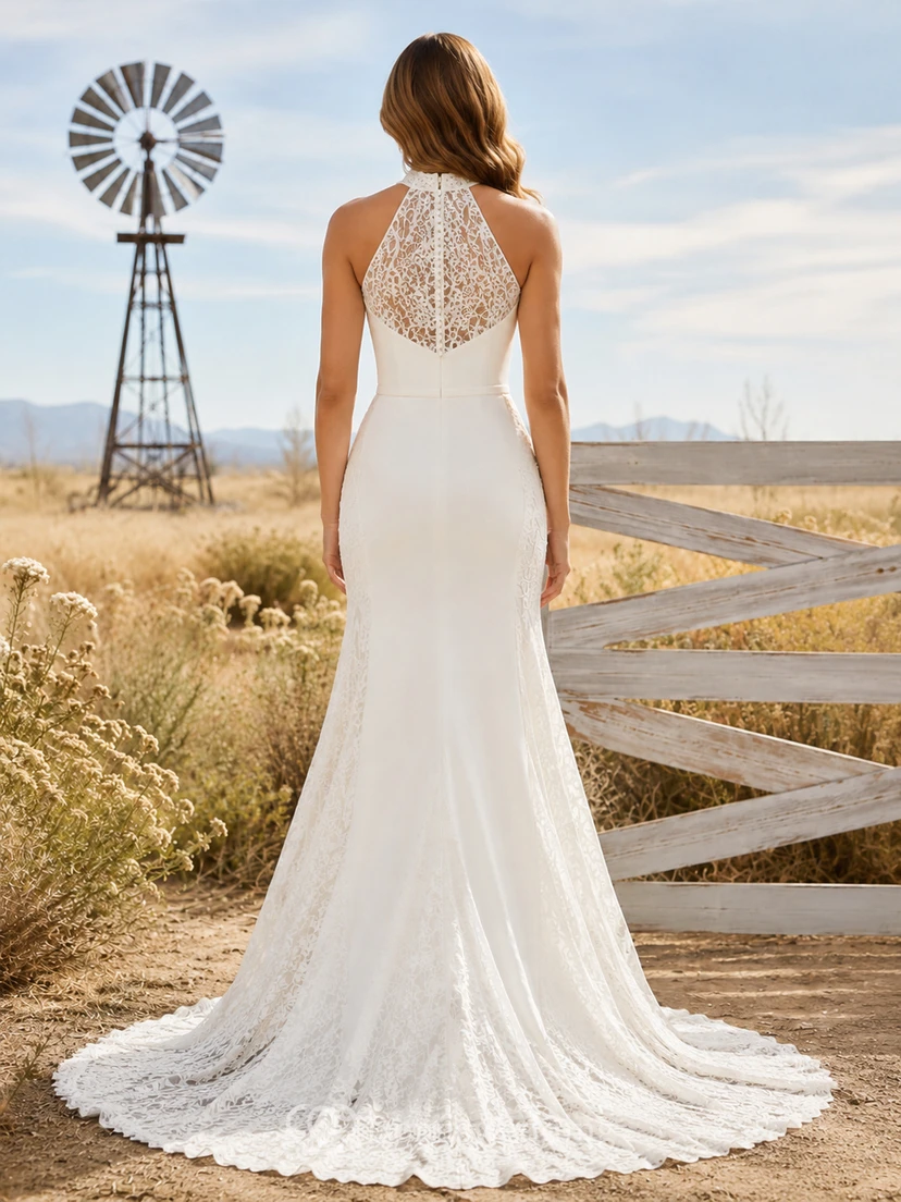 Modest Western High Neck Sleeveless Lace Sheath Court Train Wedding Dress view 2