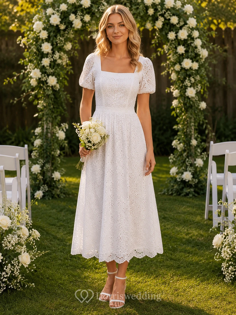 Vestido de novia de algodón con cuello cuadrado, mangas abullonadas y detalles de ojales, estilo Backyard.